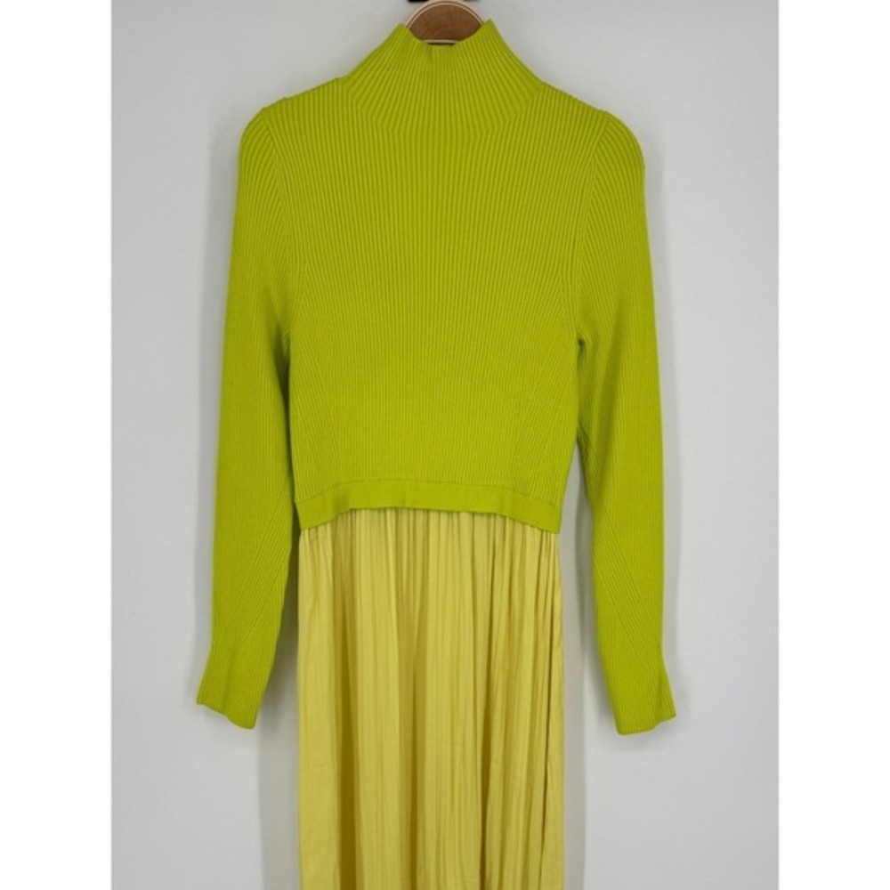 Anthropologie Thea Twofer Sweater Dress‎ L Chartreuse Yellow Ribbed Maxi Pleated - Picture 5 of 12